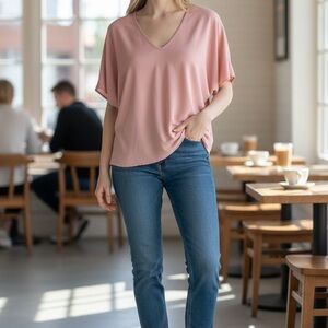 entro Blush Pink V-Neck Short Sleeve Blouse